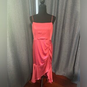 NWT EXPRESS Red Pink Satin Ruched Asymmetrical Midi Dress, Size XL